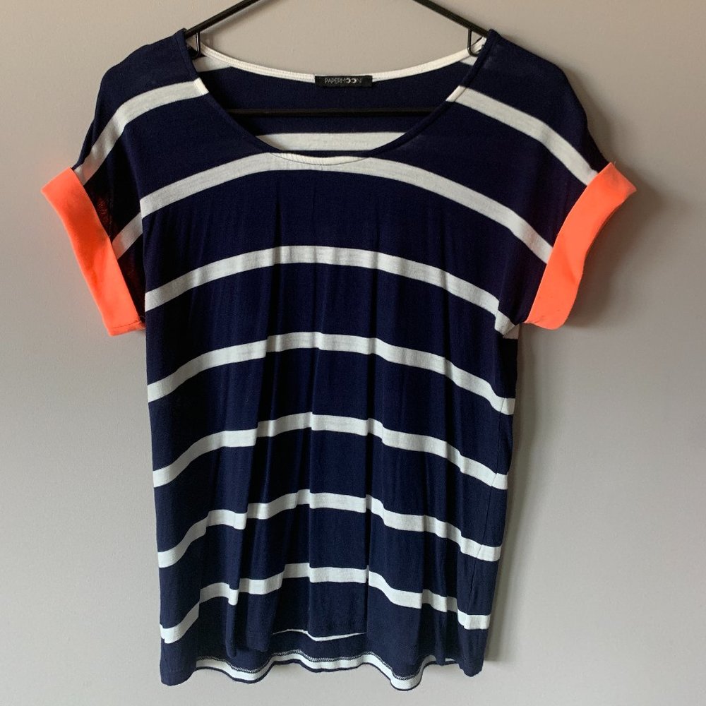 Nordstrom Short Sleeve Top - Blue & White Stripe with Neon Sleeves